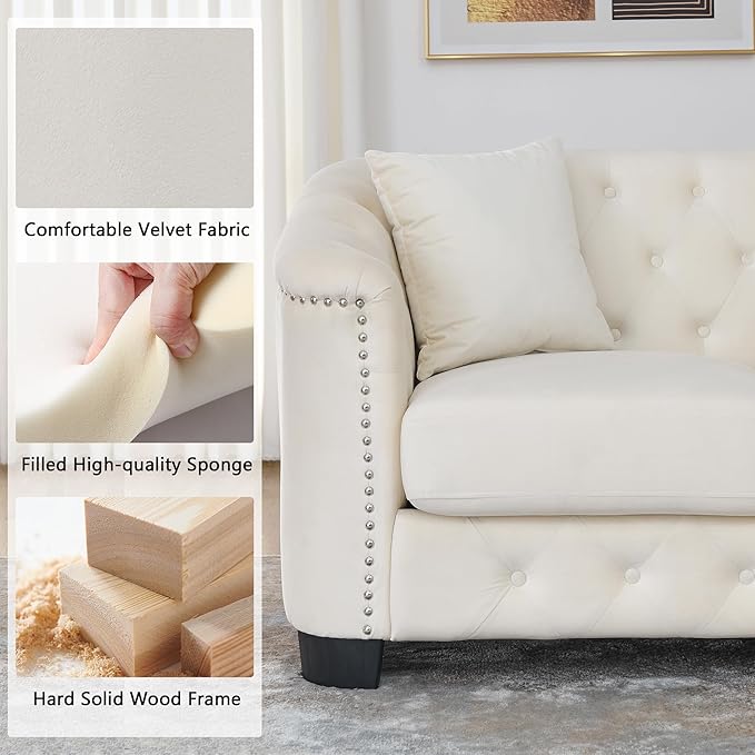 mikibama Modern Chesterfield Velvet Sofa, 77'' Sectional Sofa, Luxury 3 Seater Upholstered Tufted Couch with Nailhead Arms and 2 Pillows for Living Room, Bedroom, Apartment(Beige)