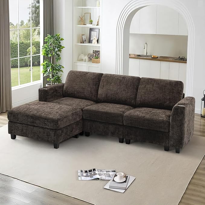 Lesofair 87" Convertible L-Shape Couch with Flexible Ottoman, Soft Sectional Sofa with 2 Built-in Cup Holders, Chenille 3 Seats Sofa with Well-Filled Back Cushions for Living Room, House, Brown