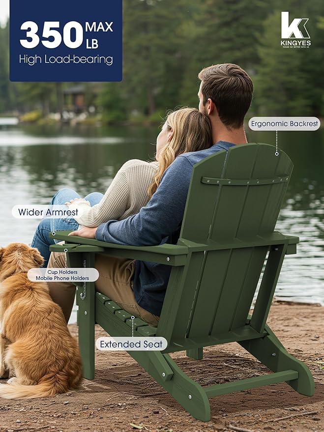 KINGYES Folding Adirondack Chair Set of 4, Dual Cup Holders & All-Weather HDPE, Wood-Like Patio Chair for Backyard, Camping, Pool & Fire Pit, Avocado Green