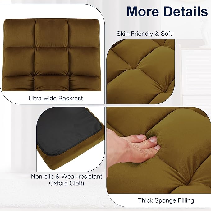 Floor Chair, 24 inches Wide Oversized Velvet Armless Lay Flat Floor seat Padded Meditation Chair with 6 Adjustable Position Ergonomic Comfortable Convenient(LRSF-014-TAN)