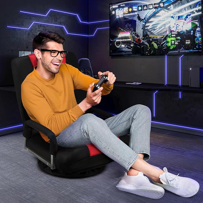 Swivel Gaming Chair 360 Degree Multipurpose Floor Chair w/Armrest & 6 Adjustable Postions Backrest for Adults & Kids, for Reading, Gaming, Watching, Relaxing, Red