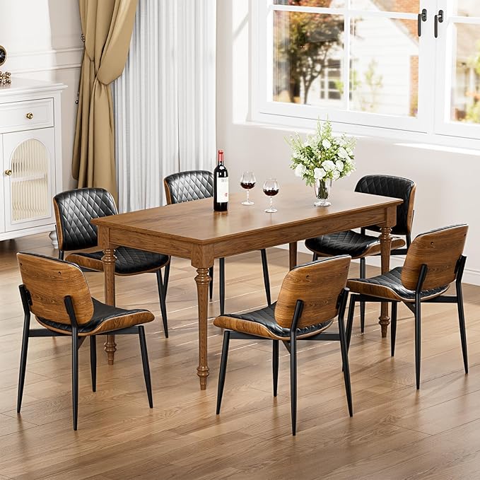 YaFiti Dining Chairs Set of 4, FSC Certified Mid Century Modern Accent Dining Room and Kitchen Chairs, Upholstered PU Leather Diamond Check Chairs with Walnut Bentwood and Metal Legs, Black
