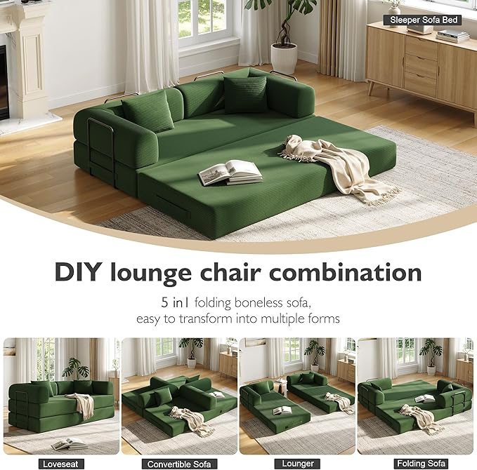 79 Inch 5-in-1 Convertible Sofa Bed, Corduroy Boneless Floor Couch with Fixed Frame & Pillow, Modular Folding Mattress Lounger for Small Space, Living Room, Bedroom - Easy Assembly(Dark Dreen)