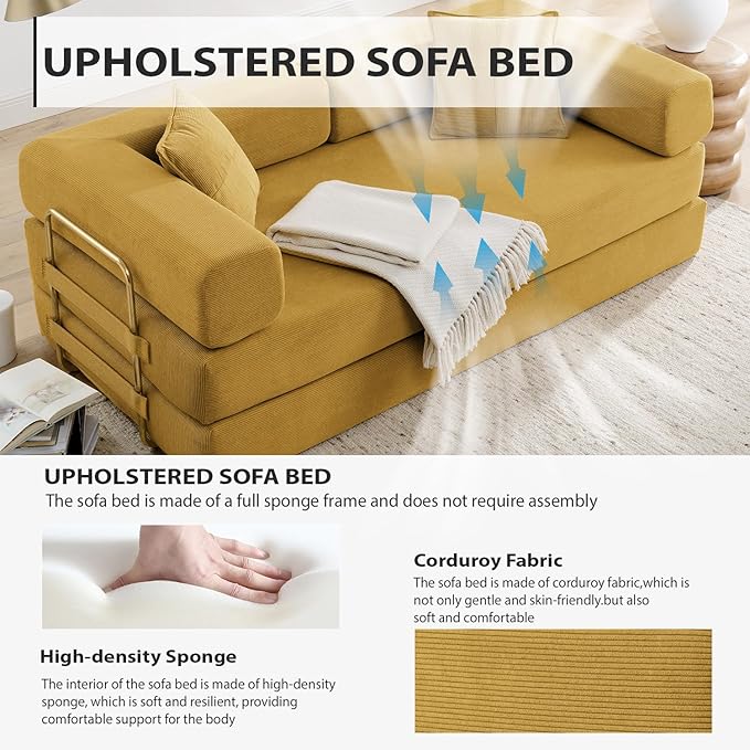4-in-1 Folding Convertible Sofa Bed, 78 Inch Boneless Couch with Fixed-Shape Frame, Corduroy Loveseat Sleeper with Pull Out Bed, Floor Sofa Modular Futon Couch for Living Room Bedroom Lounge (Yellow)