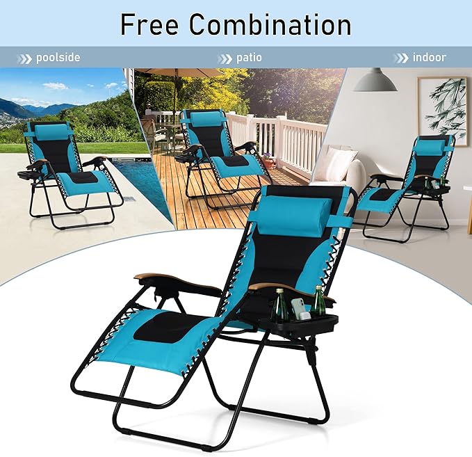 PHI VILLA XXL Oversized Padded Zero Gravity Chair Set of 2, Foldable Patio Recliner, 30" Wide Seat Anti Gravity Lounger with Armrest and Cup Holder, Support 400 LBS (Aqua Blue)