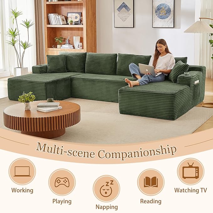 134 Inch Modular Sectional Sleeper Sofa, Boneless Cloud Couch for Living Room, U Shaped 5 Seat Sofa with 2 Storage Pockets& 2 Cup Holders, Free Combination, No Assembly Required (Green)