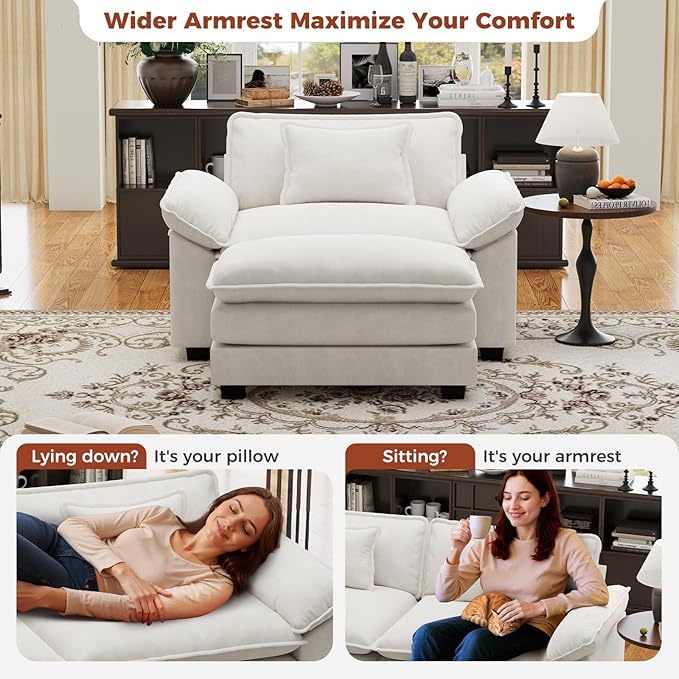 CDCASA 50'' Oversized Chair with Movable Ottoman, Velvet Comfy Cloud Sofa Accent Chairs w/Large Seat and Armrests, Modern Extra Wide Armchair Reading Chairs for Living Room, DIY Combination, Beige
