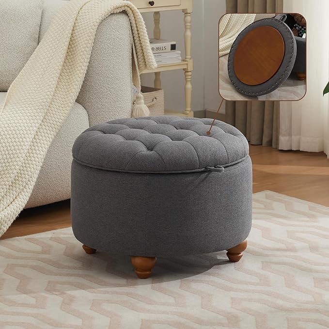 WUTUTUEE 24Inch Round Storage Ottoman with Tray, Modern Tufted Fabric Circle Coffee Table with Storage, Upholstered Ottoman with Removable Top for Living Room, Bedroom, Dark Grey