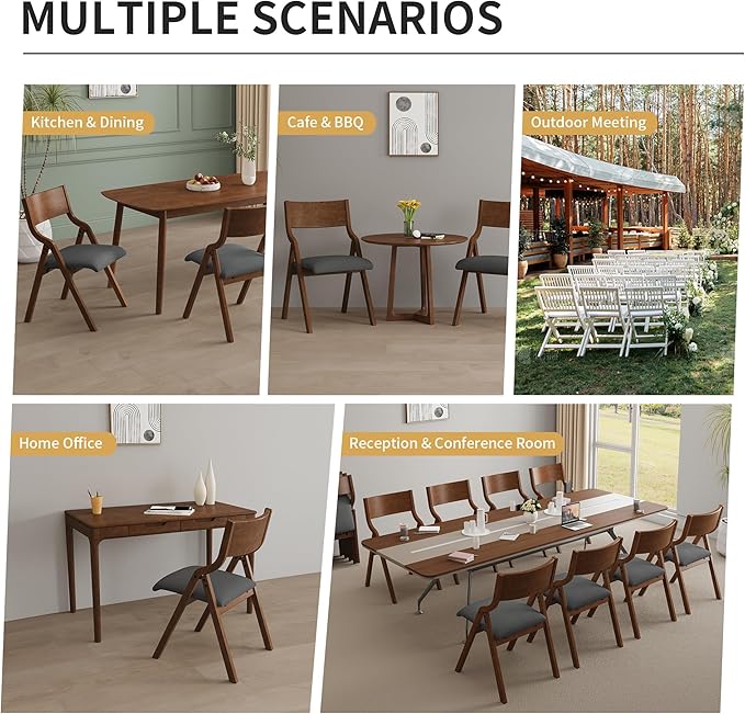Ball & Cast Upholstered Folding Dining Chairs Set of 2, Foldable Wooden Chair 2-Pack, Portable Office-Chair for Kitchen Outdoor Activity, Easy Carry & Storage, Walnut+Grey