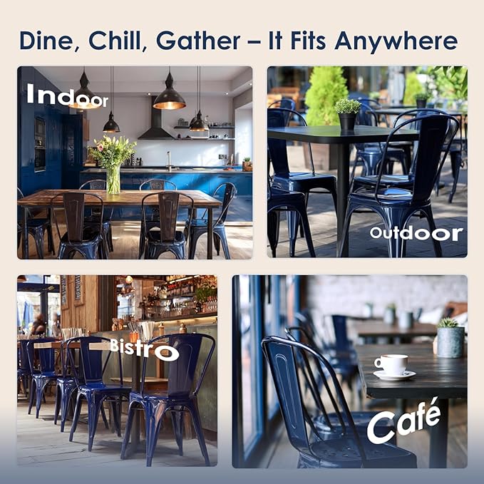 Metal Dining Chairs Set of 4,Stackable Tolix Chair Indoor/Outdoor for Kitchen,Cafe,Restaurant,Bistro & Patio Multiple Colors(Dark Blue)