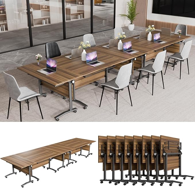 Conference Table, Modern Folding Meeting Tables with Flip Top, Mobile Podcast Table with Four Locking Wheels, Large Training Table for Meeting Room, Office, Classroom (8, A, 55.1in)