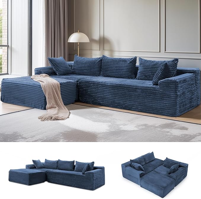 Korser 110" Sectional Couches for Living Room, Modular Sectional Sofa with L-Shape Chaise, Cloud Couch, Comfy Corduroy Fluffy Couch with Deep Seat and Side Pockets