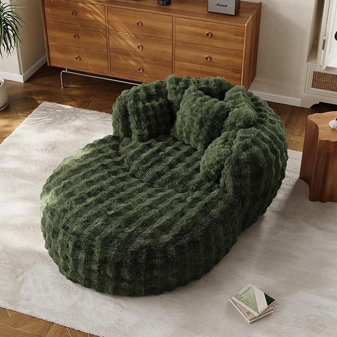 55" W Oversized Round Chaise Lounge Chair with Ottoman Indoor Boneless Faux Fur Plush Fluffy Circle Couch Soft Comfy Cozy Cloud Reading Chair with 5 Pillows for Living Room, Playroom, Bedroom - Green