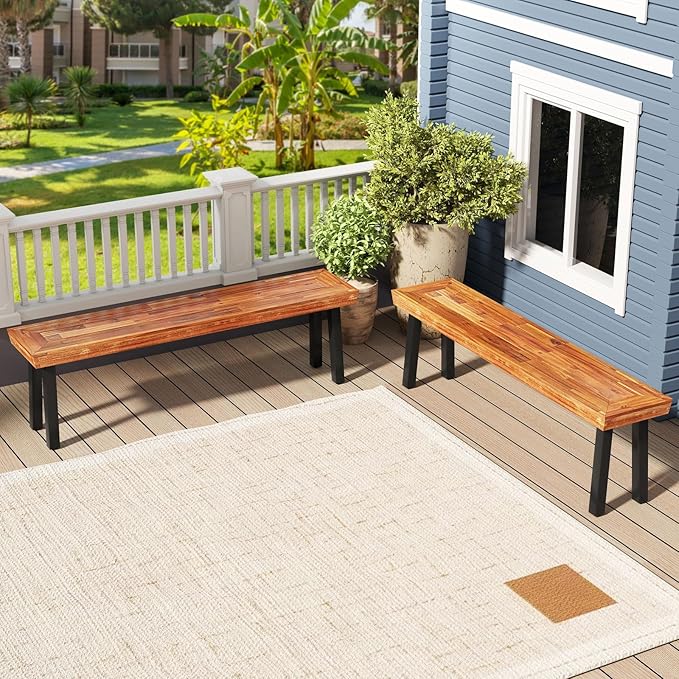 RELAX4LIFE 60’’ Outdoor Bench Acacia Wood - 2-3 Person Backless Patio Seat with Heavy Duty Metal Frame, Wooden Picnic Dining Garden Bench for Outside Backyard Park Porch, 800 LBS Weight Capacity (2)