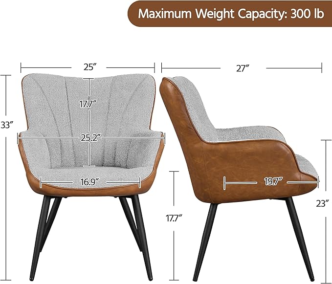 Yaheetech Accent Chair, Modern Fuzzy Boucle Fabric and Faux Leather Armchair, Upholstered Vanity Chair with High Curved Back and Metal Legs for Living Room Makeup Bedroom, Gray/Retro Brown