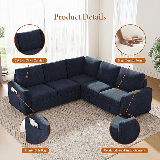 Vesgantti 88.4" Sleeper Sectional Couch with Pull Out Bed, 5 Seater L Shaped Modular Sectional Sofa with Storage, Comfy Chenille Modular Sofa for Living Room, Bedroom, Apartment, Blue
