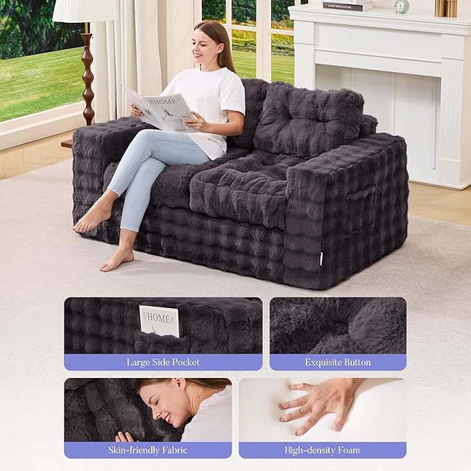 Hobestluk Sofa Couch Loveseat Sofa with Bubble Fabric 2-Seater Sofa for Small Spaces Comfortable Foam Floor Sofa 2 in 1 boneless couch for Living Room Bedroom Apartment or Office (Dark Grey, Loveseat)