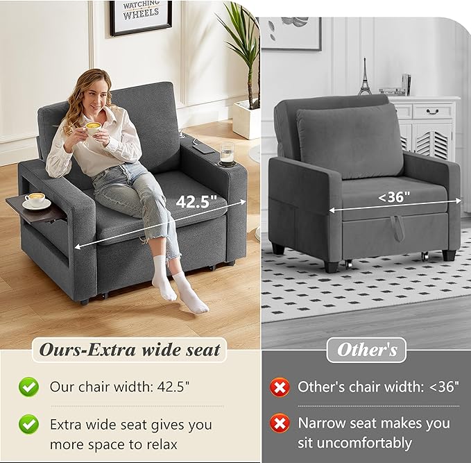WEUP 42.5" Sleeper Sofa Chair Bed, 3-in-1 Convertible Sleeper Chair with Pull Out Bed, Adjustable Reclining Backrest, Side Pockets, Cup Holder, USB Ports & Wing Table, Premium Dark Grey