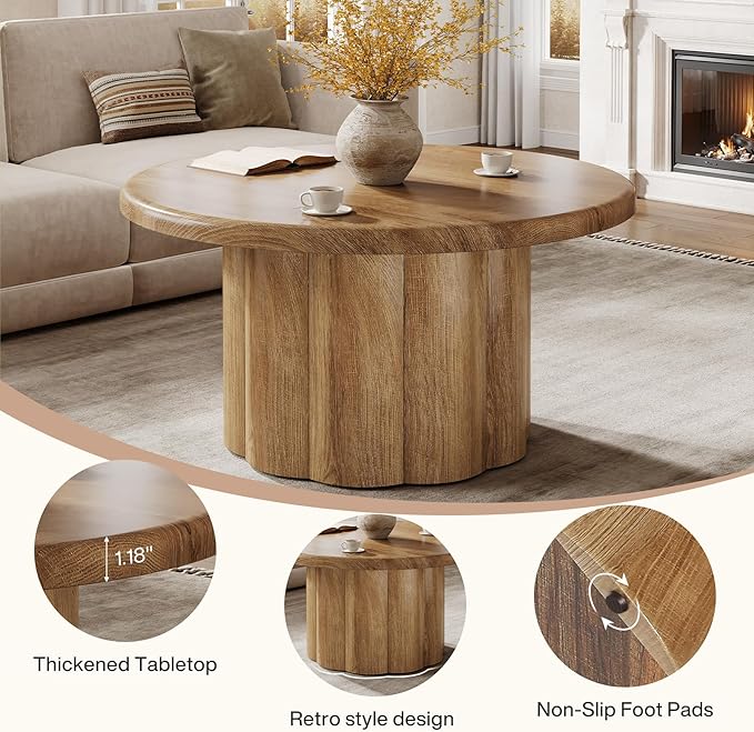 Tribesigns 31.5" Round Coffee Table for Living Room, Farmhouse Circle Center Cocktail Table with Fluted Drum Base, Wooden Living Room Furniture for Apartment, Small Space, Brown