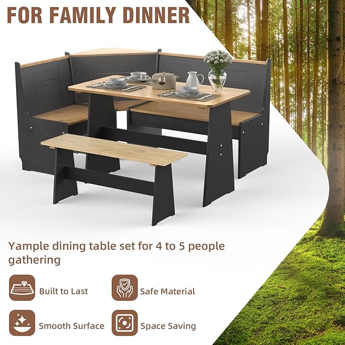 Breakfast Nook Table Set for Kitchen - Bench Seating for Dining Room with Space Saving Solid Wood L Shaped Corner Dining Table Set Apartment for 4 to 6 People - Black
