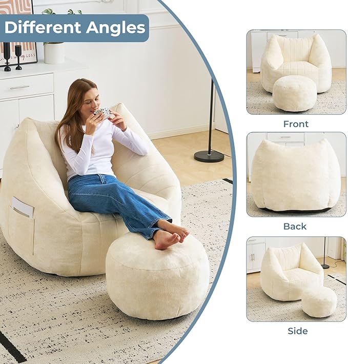 Giant Bean Bag Chair with Ottoman for Adults, Oversized Bean Bag with Filling Plush Fluffy,BeanBag Floor Sofa Chair with with Back Support for Living Room, Bedroom, Reading,Beige