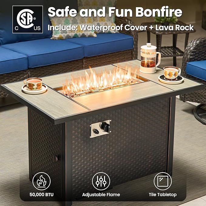 ovios 7 Pieces Patio Furniture Set, Outdoor Wicker Sofa Couch with Swivel Chairs 42" Fire Pit Table, High Back Modern All Weather Conversation Sets, Brown Rattan, Navy Blue