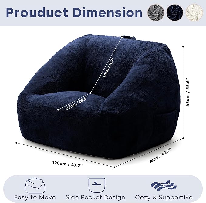 SUNBURY 47.2" L-Shaped Bean Bag Chair with Arms, Memory Foam Filled Lazy Sofa with Portable Handle & Side Pocket, Plush Floor Chair for Adults, Game Room, Bedroom, Living Room (Blue)
