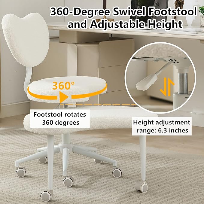 Meditation Chair with Lumbar Support,360° Swivel Cross Legged Chair with Wheels, Ergonomic Cross Legged Office Chair for Adults with ADHD, Height-Adjustable Yoga Chair, Teddy Fabric, Ivory