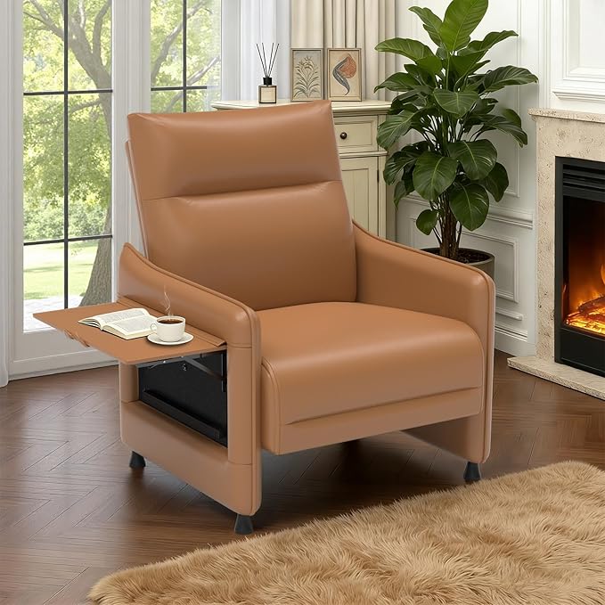 Tbillionnext Upholstered Accent Sofas Set of 2, Modern Faux Leather Sofa Chairs with Hidden Foldable Tray & Side Pocket, Rear Contour Arm Design, Small Accent Sofas for Living Room, Brown