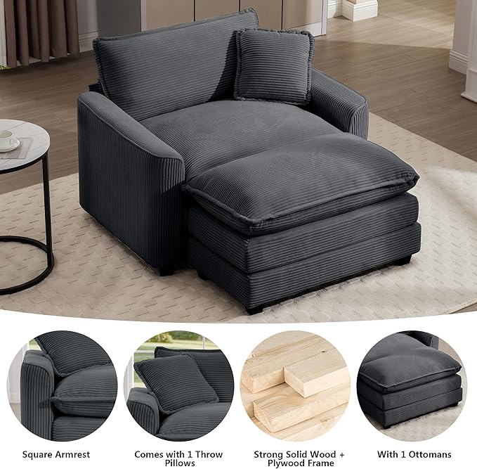 Aoowow Corduroy Large Armchair with Ottoman,Upholstered Indoor Chaise Lounge Chair,Oversized Single Sofa Chairs with Footrest,Single Cloud Sofas Couches for Living Room (Grey, Sofa Chair + Ottoman)