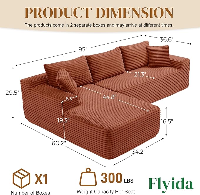 95" Boneless Cloud Sectional Couches for Living Room, Comfy Fluffy L Shaped Memory Foam Deep Seat Boneless Couch, Modular Sectional Sofa with Left Facing Chaise, Orange