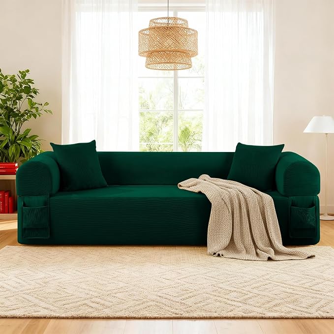 GJQ 3 Seater Boneless Couches for Living Room,Corduroy Couch with 2 Pillows & Storage,Memory Foam Couch in a Box,Compressed Floor Sofa with Armrests,No Assembly Required Cloud Sofa,Green