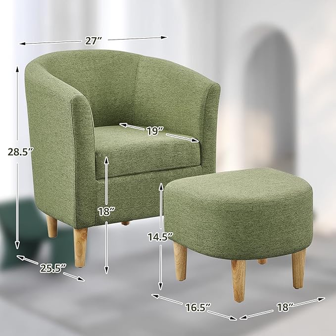 DAZONE Accent Chairs Set of 2 Mid Century Modern Chair with Ottoman Comfy Armchair Footrest Set Comfortable Living Room Chairs Upholstered Barrel Club Tub Sofa Chair for Bedroom Reading Room Green