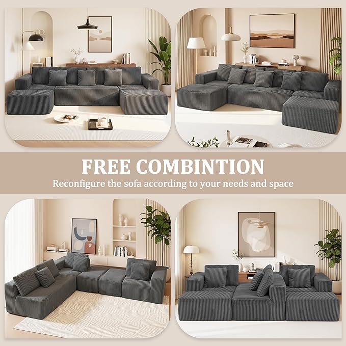 132" U Shaped Modular Sofa, 4-Seater Sectional Cloud Couch with Chaise, Soft Corduroy Boneless for Living Room, No Assembly Required, Free Configuration,Grey