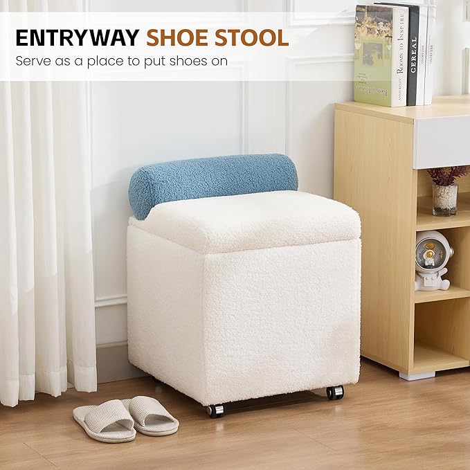 Boucle Vanity Chair with Storage, Swivel Vanity Stool with Safety Hinge, Upholstered Makeup Chair with Wheels, Square Ottoman Stool for Living Room, Dressing, Bedroom, White