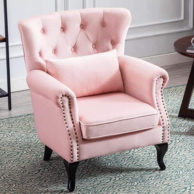 LZAREAL Accent Reading Arm Chairs for Living Room Bedroom, Midcentury Modern Comfy Corner Sofa Chair, Wingback Waiting Room Club Chair with Button Tufted Back &Lumbar Pillow, Velvet Pink