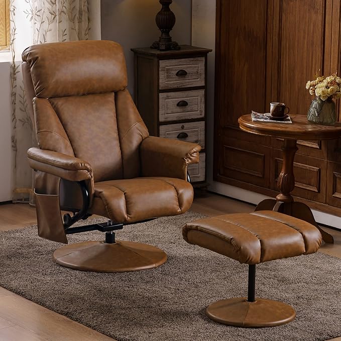 MCombo Swivel Recliner with Ottoman, TV Chair with Vibration Massage, Ideal for RV Small Space, Living Room & Bedroom 4539 4828 (Faux Leather, Saddle)
