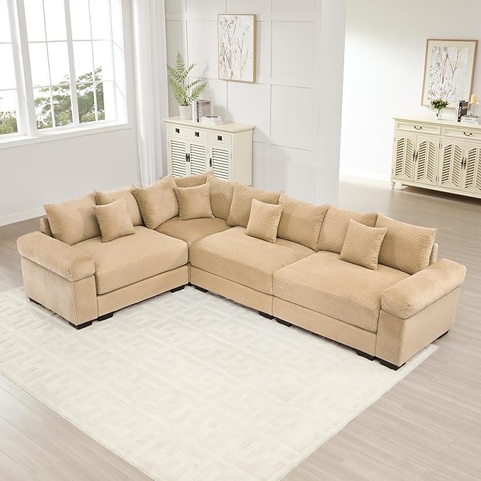 KEIKI 117" L-Shaped Oversized Corduroy Modular Cloud Sectional Sofa with High-Density Foam Cushion, Extra-Thick Armrest, Convertible 4-Seater Fluffy Corner Couch with 14 Pillow, for Living Room, Camel