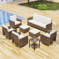 COOS BAY Harbor Retreat 8 Piece Outdoor Furniture Set, Patio Conversation Set with 4 Swivel Rocking Chairs, 3 Seat Couch, Side Table & Ottomans, Wicker Furniture, Brown/Beige