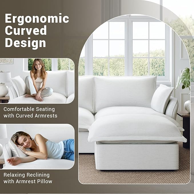 Lopzeho 48” Oversized Chaise Lounge Chair, Modular Sectional Sofa, Down Fill Cloud Couch with Washable Cover, Single Seater with Ottoman, Sectional Couches for Living Room Apartments, Cream White