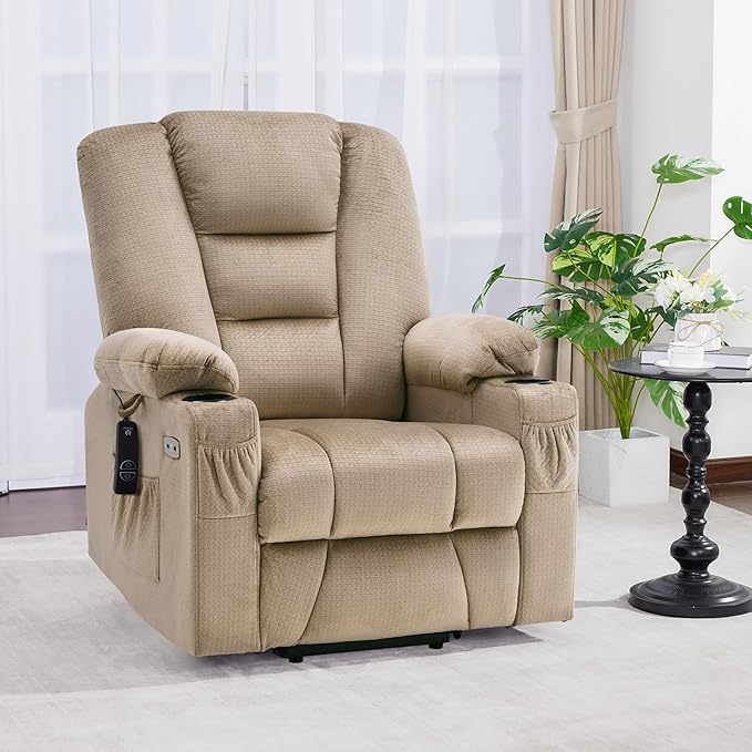 MCombo Power Lift Recliner Chair with Massage and Heat for Elderly People, Cup Holders, USB Ports, Side Pockets, Fabric 7529 (Medium, Beige)