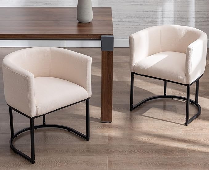 VESCASA Upholstered Dining Chairs with Barrel Back, Modern Padded Restaurant Chairs with Black Metal Frame for Dining Room, Kitchen, Set of 4, Linen Cream