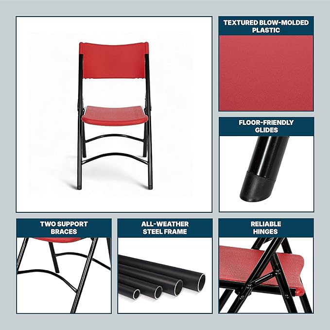 OEF Furnishings OEF600 Series High Back Folding Chairs, Blow-Molded Polyethylene Commercial-Grade Seating for Indoor and Outdoor Use, 500 lb Weight Capacity, 4-Pack (Red)
