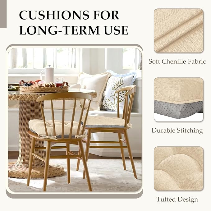 HARBOREST Chair Cushions for Dining Chairs Set of 6 - Chenille Tufted Kitchen Chair Cushions with Ties and Non-Slip Bottom, Foam Chair Pads for Dining Chairs, 17" x 17", Ivory