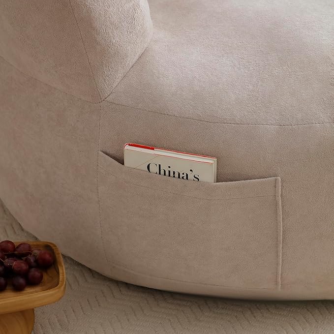 Round Boneless Cotton Linen Bean Bag Chair with Side Pocket - Compressed No Assembly Barrel Chaise Lounge, Soft Floor Sofa for Living Room & Bedroom (Khaki)