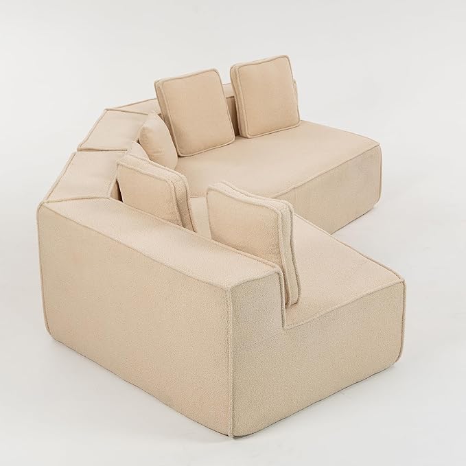 EPOFIT 132'' Oversized Teddy Fleece Modular 2-Seater Sofa, Compressed All-Foam Floor Couch with 6 Cushions, Low-Profile Cozy Sectional Sofa for Living Room & Apartment – Beige