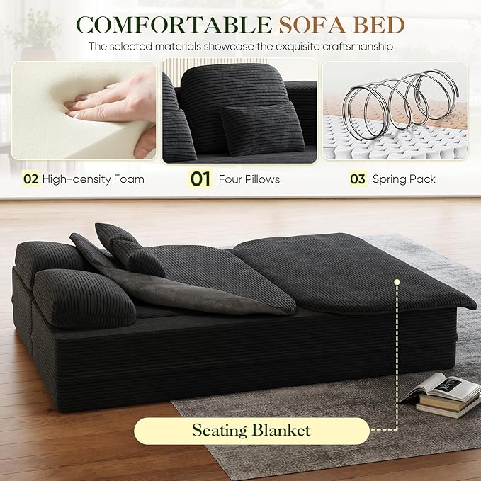 Antetek Convertible Sleeper Sofa, Modern Folding Futon Corduroy Floor Foam Compression Loveseat Sofa Bed Couch, Foldable Full Size Guest Bed with 4 Pillows for Living Room Bedroom Apartment, Black
