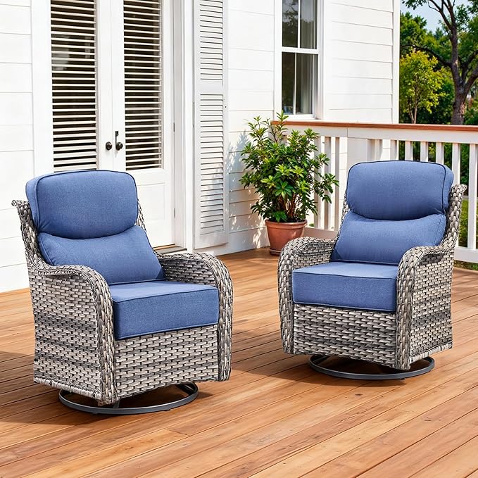 Pugire Luxury Outdoor Swivel Rocker Patio Chairs Set of 2 with 6-Inch Thick Cushions, High Back Swivel Patio Chairs Wicker Outdoor Gliders for Porch, Yard, Deck, Poolside, Grey/Blue