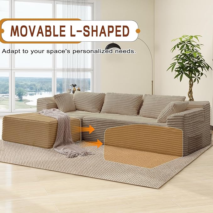 Korser 110" Sectional Couches for Living Room, Modular Sectional Sofa with L-Shape Chaise, Cloud Couch, Comfy Corduroy Fluffy Couch with Deep Seat and Side Pockets