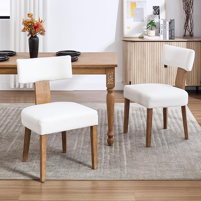 KHISCHMO Mid Century Modern Dining Chairs, Upholstered Linen Fabric Chairs with Curved Backrest and Wood Legs, Comfy Kitchen Vanity Chairs for Dining Room/Living Room/Kitchen, Set of 6 Cream